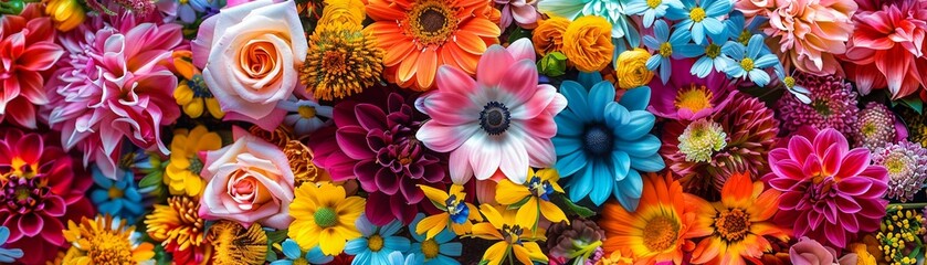 A vibrant and assorted collection of colorful flowers creating a beautiful pattern of flora. - obrazy, fototapety, plakaty