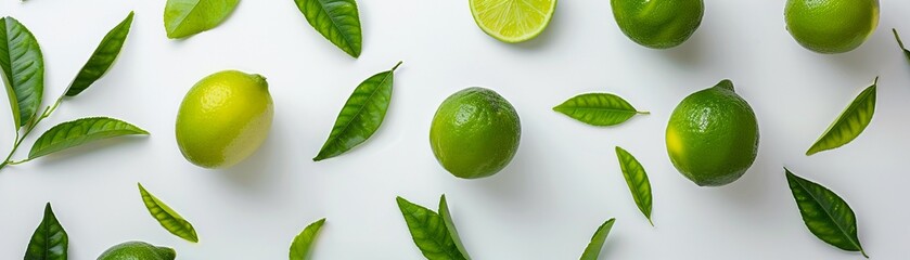 A vibrant flat lay composition of fresh limes and green leaves on a white background. - obrazy, fototapety, plakaty