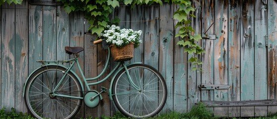 Fototapeta na wymiar A vintage green bicycle with a basket full of white flowers stands against an old wooden fence overgrown with vines.