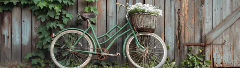 Foto auf Leinwand A vintage green bicycle with a basket full of white flowers stands against an old wooden fence overgrown with vines. © Creative_Bringer