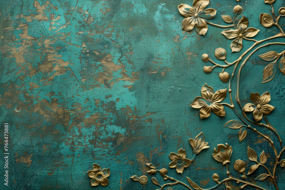 Poster vintage gold floral pattern on a verdigris canvas. background image. created with generative ai tech