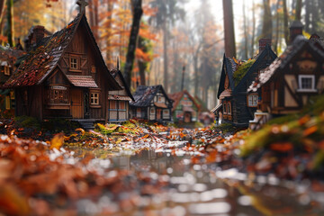A peaceful scene in a miniature town with small, detailed wooden houses, surrounded by forests in early autumn, with the ground covered in fallen leaves and a clear, serene sky.