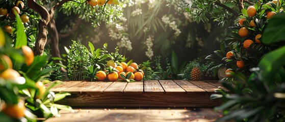 A Wooden podium placed in a lush garden full of ripe fruits - obrazy, fototapety, plakaty