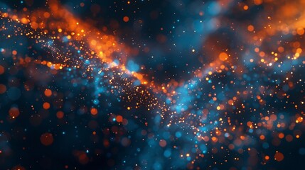 An Abstract background depicting a dynamic network connection with blue and orange particles. - obrazy, fototapety, plakaty