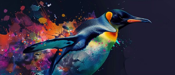 An abstract artistic representation of a penguin with a splash of vibrant colors on a dark background.