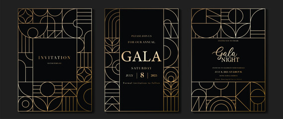 Luxury invitation card background vector. Elegant classic antique design, gold lines gradient on dark background. Premium design illustration for gala card, grand opening, art deco.