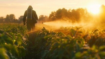 An Agricultural worker spraying crops in a farm field during the early morning hours - obrazy, fototapety, plakaty