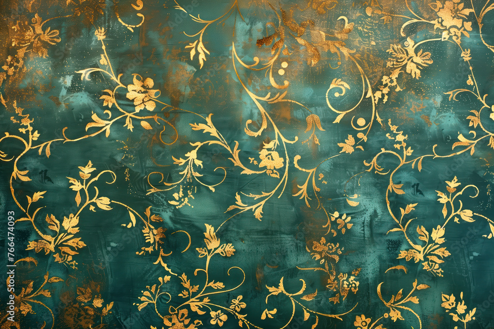 Poster vintage gold floral pattern on a verdigris canvas. background image. created with generative ai tech