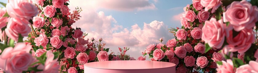 An Elegant pink podium surrounded by a circle of pink roses against a dreamy sky background.