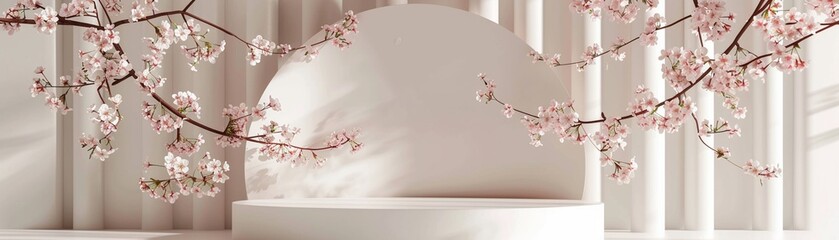 An Elegant white display podium with delicate cherry blossom branches