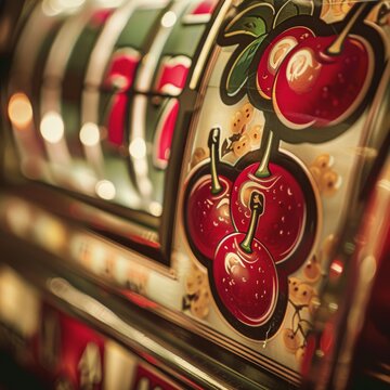 Macro of a vintage slot machine's arm being pulled, with cherries lining up. Job ID: cca3615f-1b84-458e-960f-9e2031c5fe06