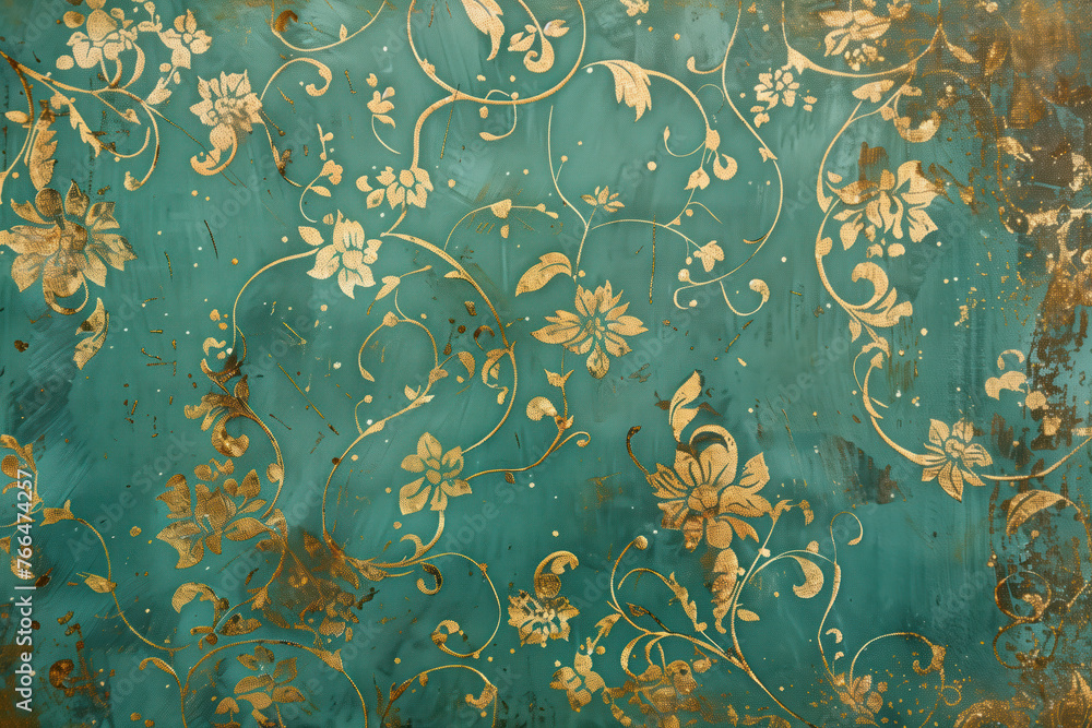 Poster vintage gold floral pattern on a verdigris canvas. background image. created with generative ai tech