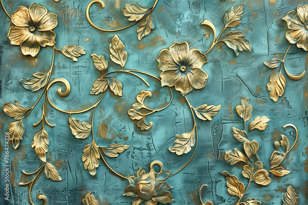 Poster vintage gold floral pattern on a verdigris canvas. background image. created with generative ai tech