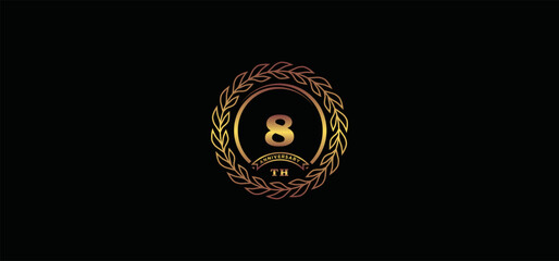 8st anniversary logo with ring and frame, gold color and black background