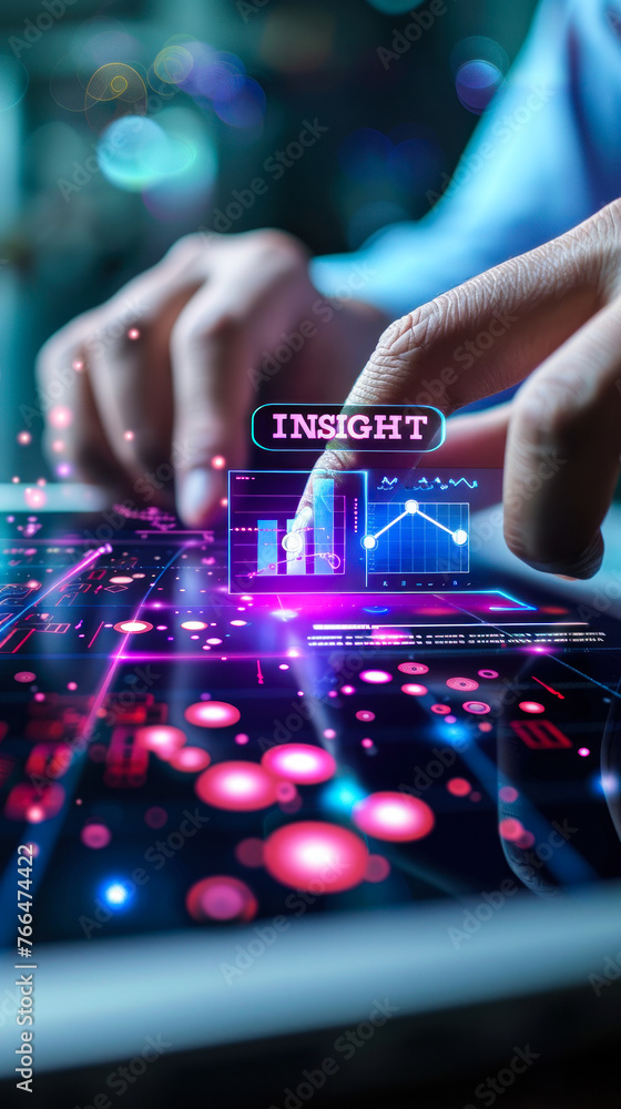 Poster professional gaining critical business insight using interactive data analysis tools on laptop in dy