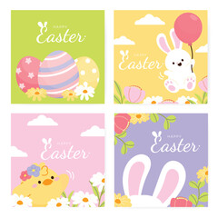Happy Easter Day card background vector. Cute animal cover set of lovely white rabbit, easter eggs, bunny, flower, leaf, yellow chick. Spring holiday illustration for banner, greeting card, flyer.