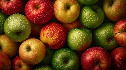 Red, green, and yellow apples glisten with water droplets. - obrazy, fototapety, plakaty