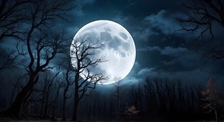 Full moon over dead trees in the forest at night. Halloween background