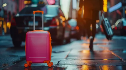 Fotobehang A vibrant magenta suitcase with orange wheels stands on a city sidewalk during the evening. © VLA Studio