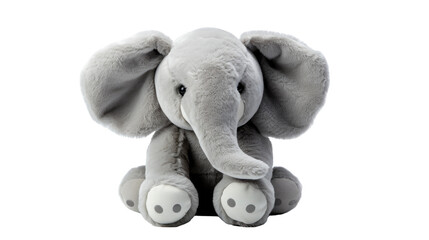A plush elephant toy sitting gracefully on a bright white surface