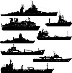 Set silhouette on a white background of a ship military destroyer and a transport ship - obrazy, fototapety, plakaty