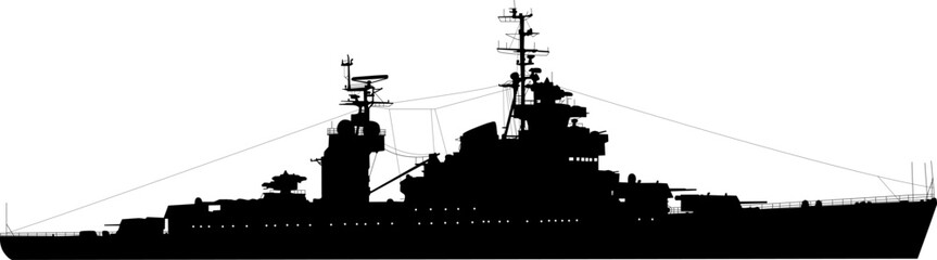 Silhouette on a white background of a ship military destroyer