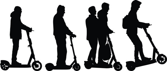 Set silhouette on a white background of a people on electric scooter