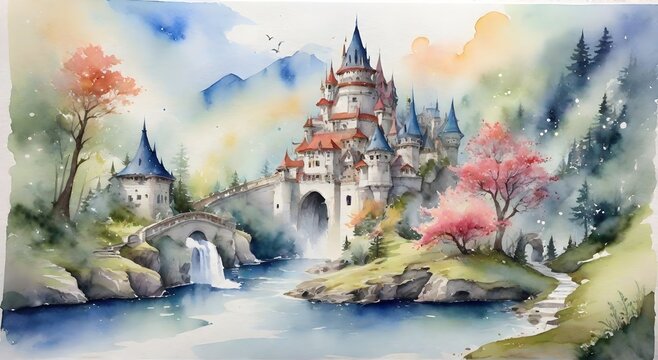 Watercolor painting of a medieval castle in the forest
