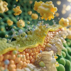 A 3D illustration showing the biochemical interaction at the molecular level between lecithin and skin cells, with emphasis on the exchange of fatty acids for cellular health , vibran