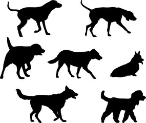 Black silhouettes of dogs on a white background