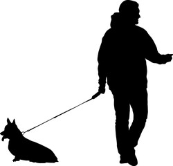 Silhouette on a white background of a people with a dog for a walk