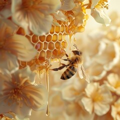 A closeup 3D rendering of a bee landing delicately on a dripping honeycomb amidst a floral background, highlighting the glossy texture of the honey , 3D illustration - obrazy, fototapety, plakaty