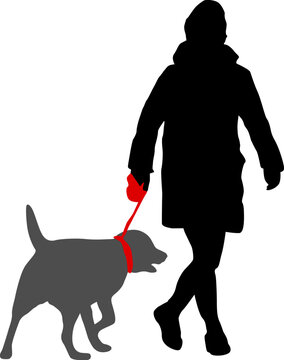 Silhouette on a white background of a people with a dog for a walk