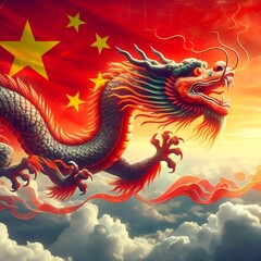 Chinese Dragon Soaring with China Flag in the Sky