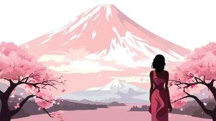Vector image of woman near Sakura Blossom with Fuji  - obrazy, fototapety, plakaty