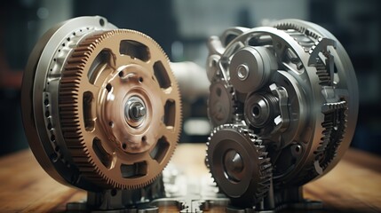 Split comparison view of different old vs new car automatic transmission gear part at garage or repair factory station. - obrazy, fototapety, plakaty