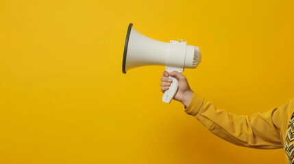 A hand in a houndstooth-patterned sleeve holds a white megaphone against a yellow background. - obrazy, fototapety, plakaty