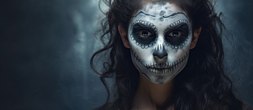 A woman with sugar skull makeup, emphasizing jaw and bone structure, eyelashes accentuated, embodying a fictional character with disfigurement, in eerie darkness like a ghost at a themed event