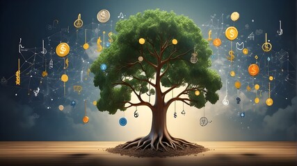 The idea behind fintech is like a tree with rising financial graphs and currency symbols for the stem and branches.