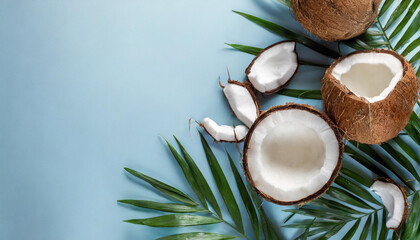 summer banner with coconuts on a light blue background. Top view, flat lay with a big copy space