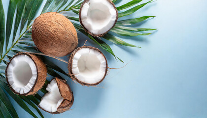 Fototapeta na wymiar summer banner with coconuts on a light blue background. Top view, flat lay with a big copy space