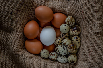 Fresh chicken and quail eggs in a basket on a sack, wooden table.Selective focus