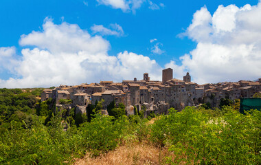 Panoramic view of Vitorchiano's historic village with charming homes and iconic church towers. - 766476255