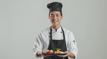 Happy Asian chef man holding plate with cooked steak and vegetables at restaurant kitchen
