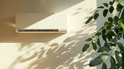 A white modern air conditioner unit mounted on a light-colored wall. symbolizing clean, cool air.