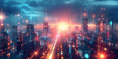 Fotobehang Evolution of Cybersecurity: A Futuristic Cityscape with Secure Data Towers and Encrypted Networks. Concept Cybersecurity Trends, Futuristic Technology, Secure Data Infrastructure, Encrypted Networks © Ян Заболотний