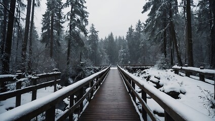 Snowy, wooden bridge in a winter day. Stare Juchy, Poland.