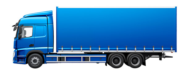 A blue truck isolated on a white or transparent background. Mockup, close-up of the truck, side view Transporting various goods. Graphic design element.
