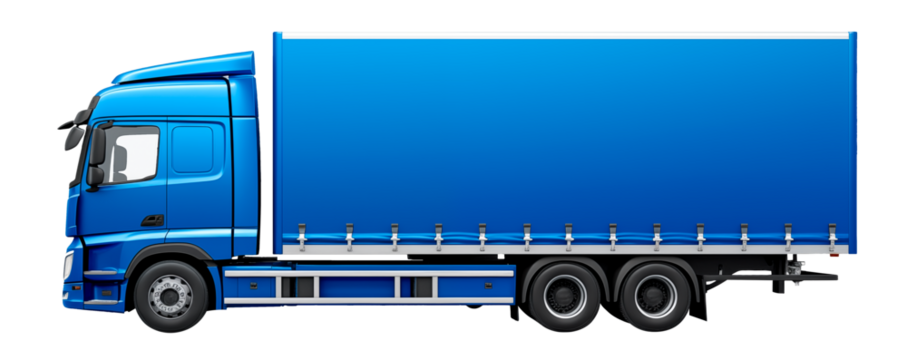 A blue truck isolated on a white or transparent background. Mockup, close-up of the truck, side view Transporting various goods. Graphic design element.