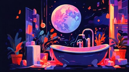 Obraz premium bathroom neon painting moon background